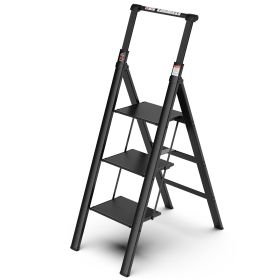 3 Step Ladder;  Retractable Handgrip Folding Step Stool with Anti-Slip Wide Pedal;  Aluminum Stool Ladders 3 Steps;  300lbs Safety Household Ladder -