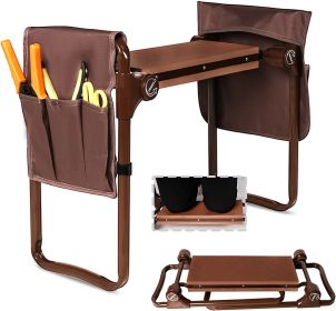 Garden Kneeler and Seat Stool Garden Folding Bench with 2 Tool Pouches & EVA Foam Kneeling Pad,  Brown/Purple/Green - KM4003-DB