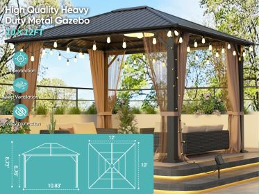 10x12 Hardtop Metal Gazebo,Heavy Duty Pergola with Mosquito Nets&Galvanized Steel&Polycarbonate Roof,Sturdy Outdoor Canopies Tent,Suitable for Gardens