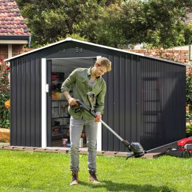 9.1' x 10.5' Outdoor Metal Storage Shed, Garden Tool Shed Storage House with Double Sliding Doors and 4 Vents for Backyard, Patio, Lawn, dark grey - A