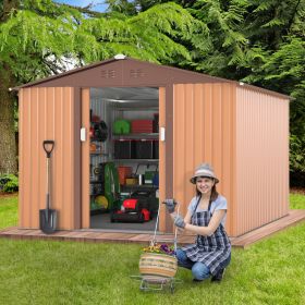 9.1' x 10.5' Outdoor Metal Storage Shed, Garden Tool Shed Storage House with Double Sliding Doors and 4 Vents for Backyard, Patio, Lawn, coffee - As P