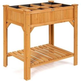 8 Grids Wood Elevated Garden Planter Box Kit with Liner and Shelf - Natural