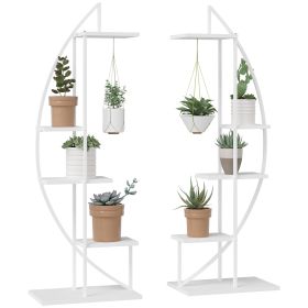 5 Tier Metal Plant Stand with Hangers, Half Moon Shape Flower Pot Display Shelf for Living Room Patio Garden Balcony Decor, White - as Pic