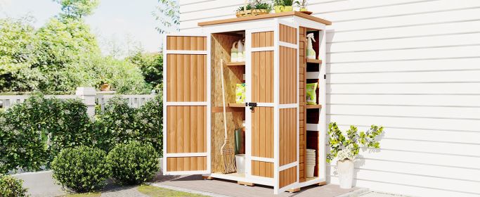 [Video Provided] TOPMAX Outdoor 5.5ft Hx4.1ft L Wood Storage Shed, Garden Tool Cabinet with Waterproof Asphalt Roof, Four Lockable Doors, Multiple-tie