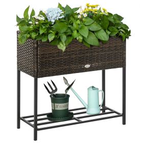 Outsunny Raised Garden Bed, Elevated Planter Box with Rattan Wicker Look, Tool Storage Shelf, Portable Design for Herbs, Vegetables, Flowers, Brown -