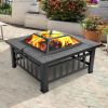 Portable Courtyard Metal Fire Pit with Accessories Black - black - square-shaped