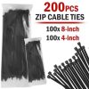 Household and Commercial Multi Usage Nylon Cable Wire Zip Ties - Black - 4 & 8 Inch