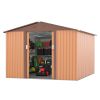 9.1' x 10.5' Outdoor Metal Storage Shed, Garden Tool Shed Storage House with Double Sliding Doors and 4 Vents for Backyard, Patio, Lawn, coffee - As P