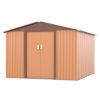 9.1' x 10.5' Outdoor Metal Storage Shed, Garden Tool Shed Storage House with Double Sliding Doors and 4 Vents for Backyard, Patio, Lawn, coffee - As P